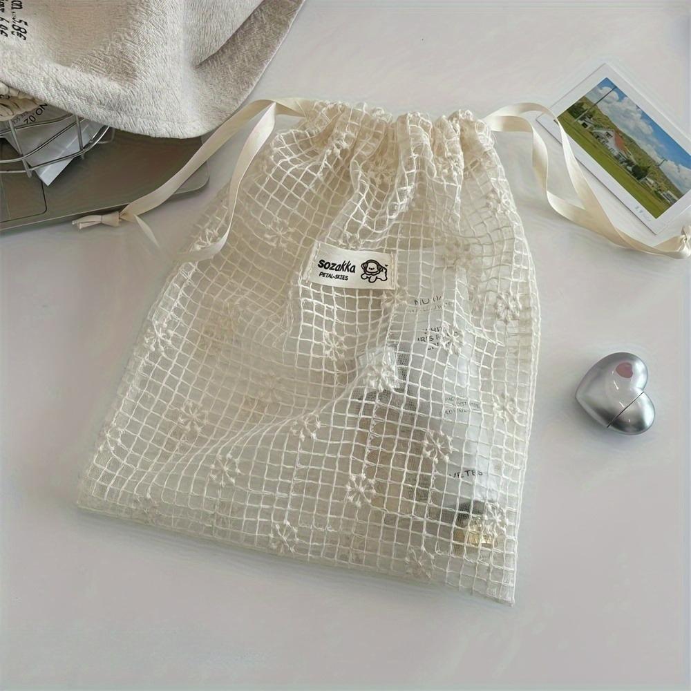 1pc Mesh Lace Embroidered Daisy Drawstring Storage Bag Cute Lightweight Travel Organizer for Skincare & Toiletries, Beige, Toiletry Travel Bag