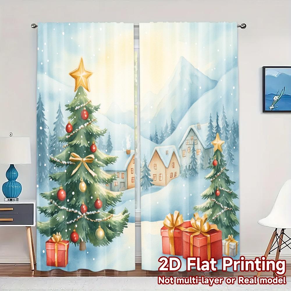 

2 шт., Шторы Деревня Рождественской елки Снежная сцена (2) Креативные современные шторы, нитяные шторы, универсальные, все идеально подходят для спальни, 52.50×116.00 CM 2pcs