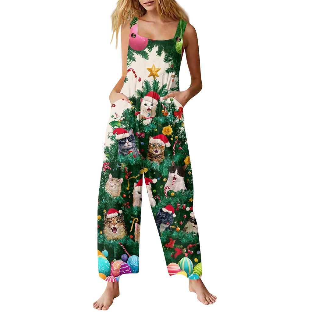 Women's Casual Christmas Printed Jumpsuit Sleeveless Printed Cotton Jumpsuit