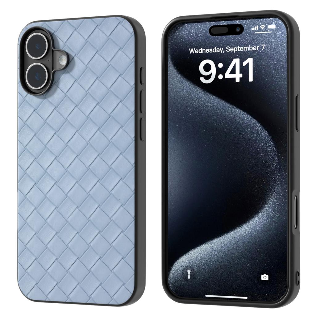 For iPhone 16 Plus Case Woven Texture Leather+PC+TPU Hybrid Phone Cover