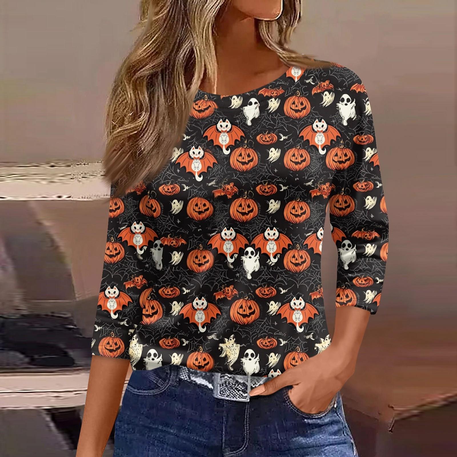 

Женская модная повседневная футболка с рукавом три четверти и принтом на Хэллоуин, с круглым вырезом XL