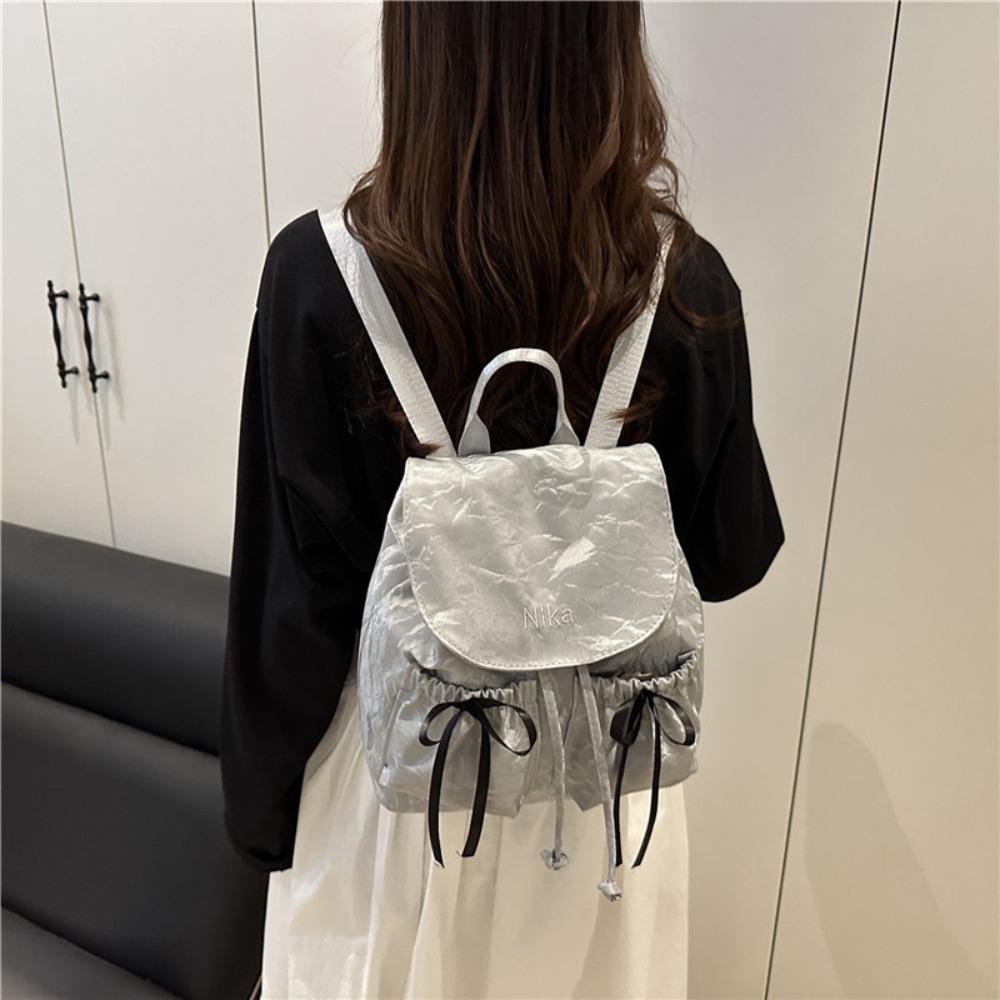 Fashion Cute Knot Women's Backpack Large Capacity Solid Color Travel Bag Drawstring Students Bookbag Travel
