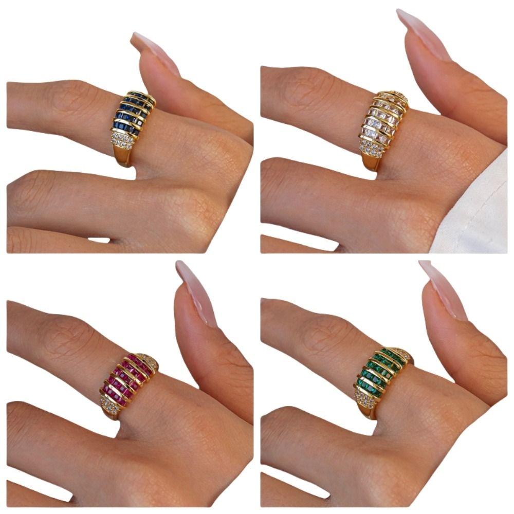 Korean Style Rhinestone Ring Geometric Chunky Enamel Ring Vintage Zircon Opening Ring Decoration