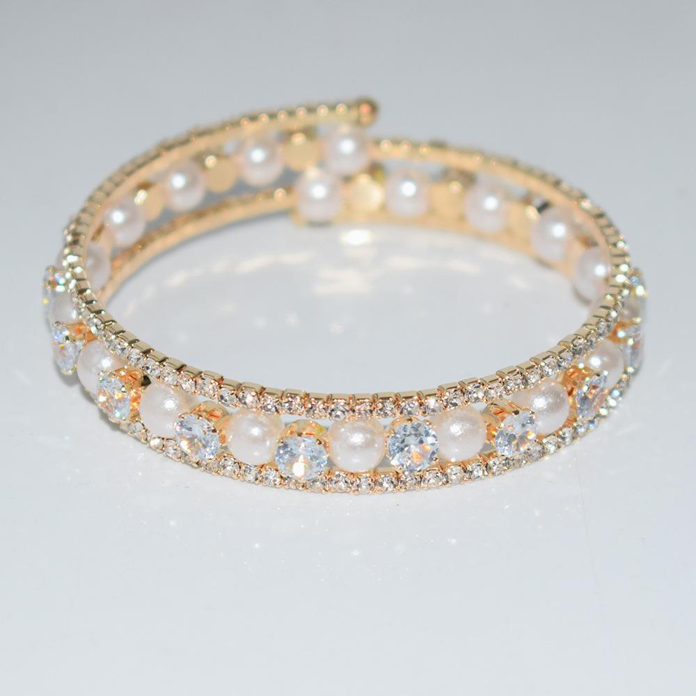 Factory Bridal 3-Layer Pearl Rhinestone Zircon Winding Open-Ended Bracelet Gold and Silver Color for Women