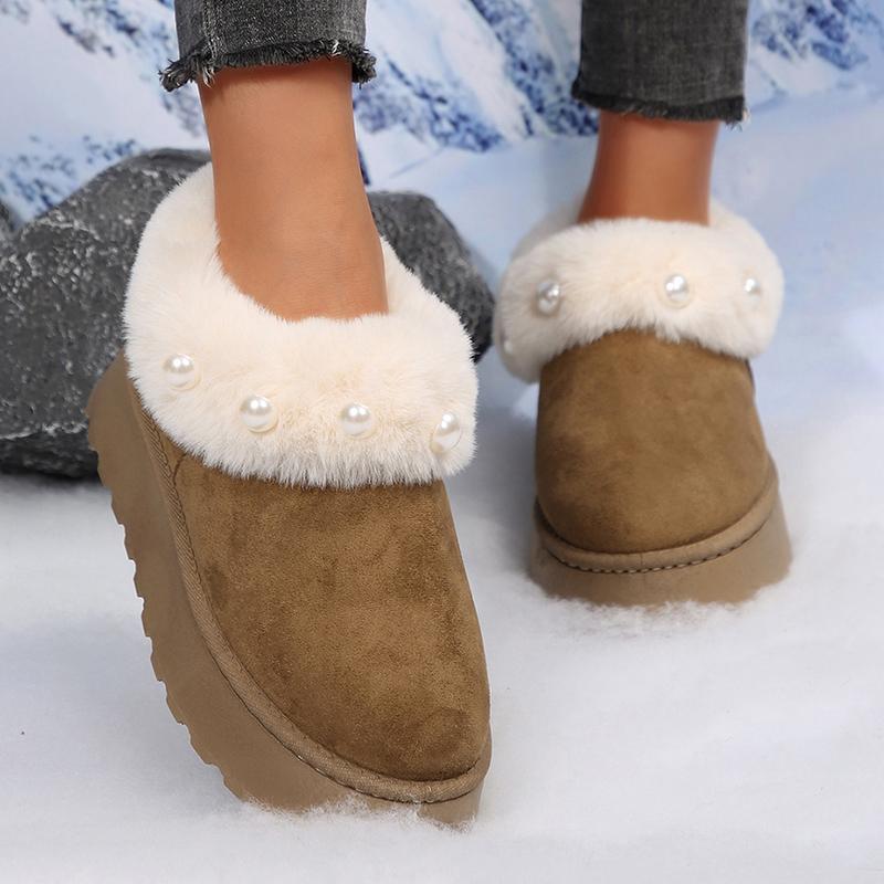 Fluffy Fur Platform Snow Boots Women Fashion Pearls Decor Non Slip Winter Ankle Boots Woman Thicken Plush Warm Cotton Shoes 43
