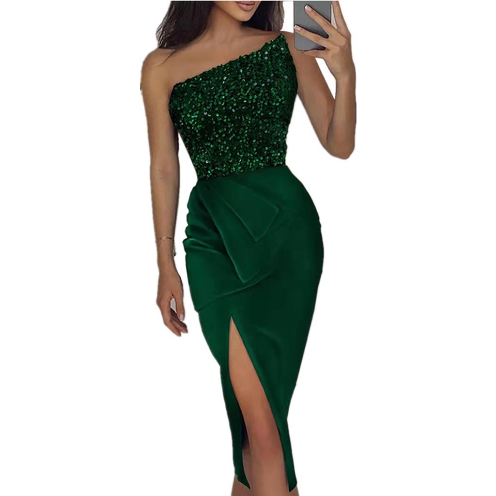 Fashion Women's Color Sexy Sequin Split Long Skirt Temperament One-shoulder Evening Dress