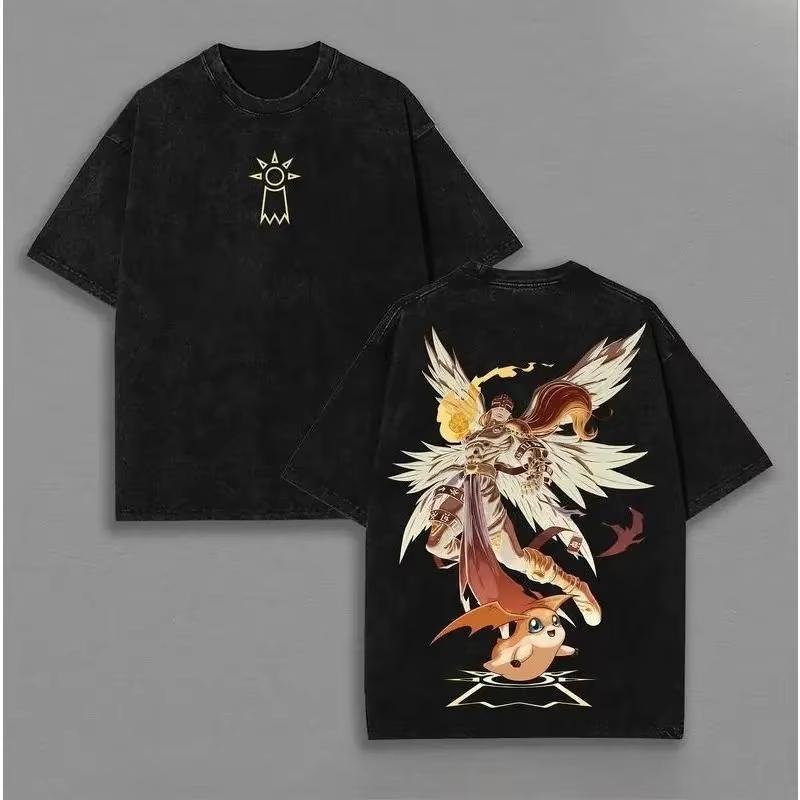 Summer Fashion Trendy Tee Angewomon Digimon Adventure T-shirt Anime Vintage Washed Oversized Tshirt Vintage Unisex Clothing