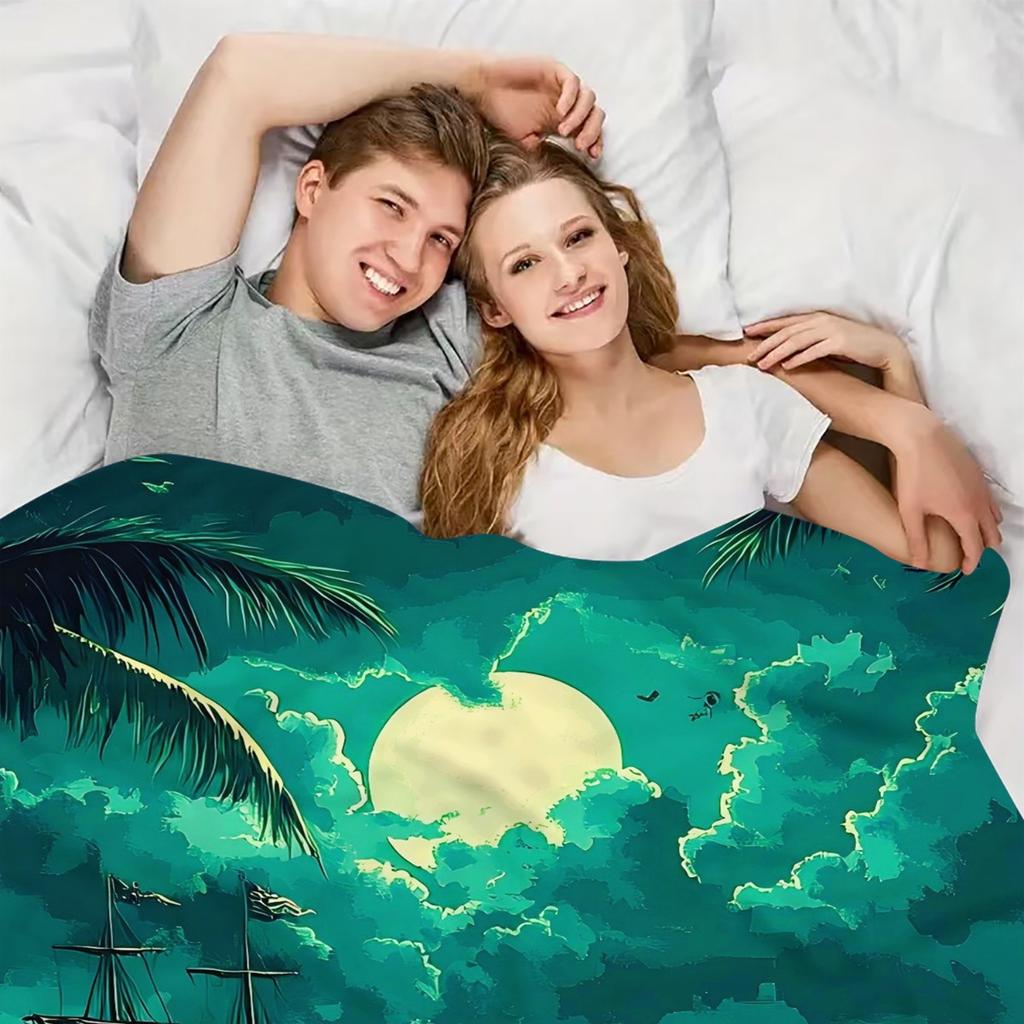 1pc Pirate and Ship Digital Printed Design Blanket - All-Season Soft Flannel Throw with Tropical Beach Scene, Sailing Ships