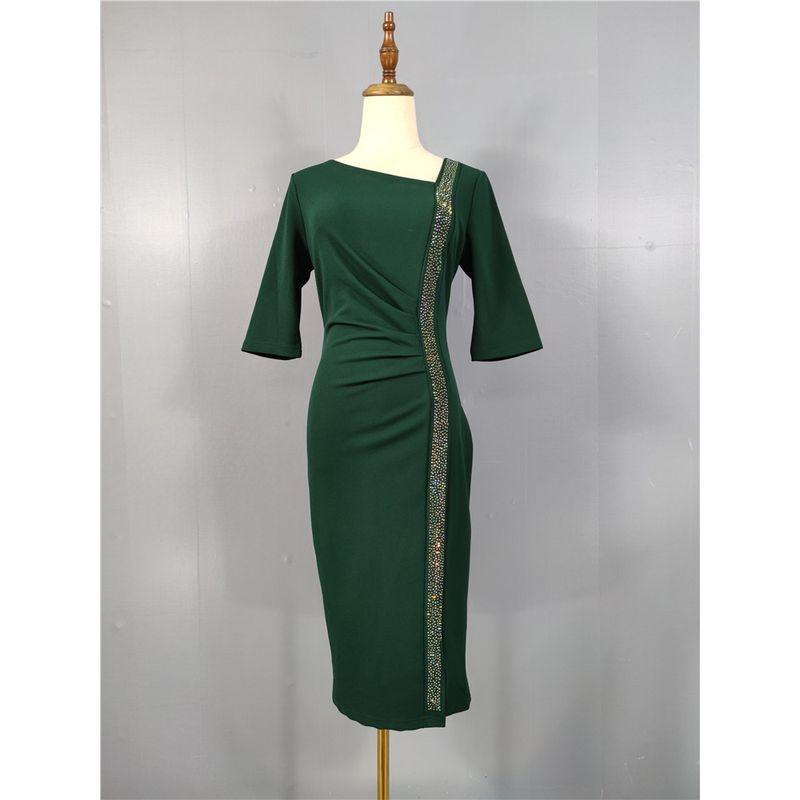 

French Style Commuter Style Elegant Goddess Diamond Decorations Shiny Diagonal Collar Design Pleated Waist Tight Hip Bag Ol Office Dress Female Green X L