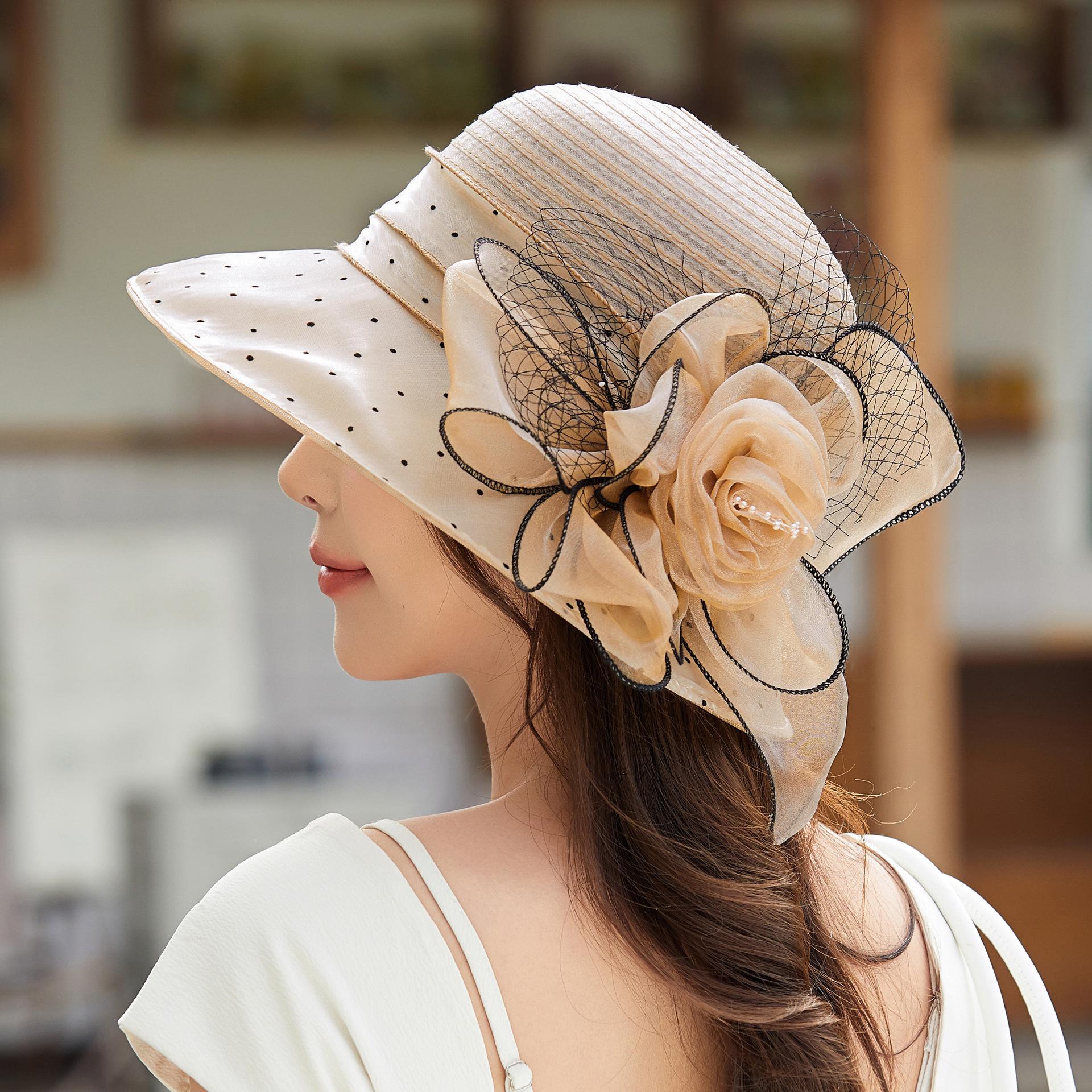 

Европейская и американская шляпа от солнца из органзы с цветком и защитой от УФ-лучей для весны/лета - дышащая пляжная шляпа для женщин среднего и пожилого возраста M (56-58cm) хаки