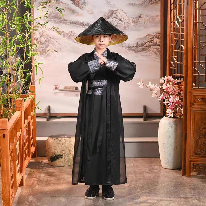 Spring Autumn Boys' Hanfu: Traditional Knight Costume with Bamboo Hat for Performances
