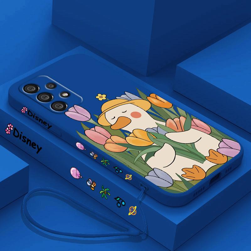 Duck With Sunglasses Cute Cartoon Phone Case For Samsung A73 A53 A33 A52 A32 A71 A51 A21S A50 A30 5G Liquid Left Rope Soft Cover