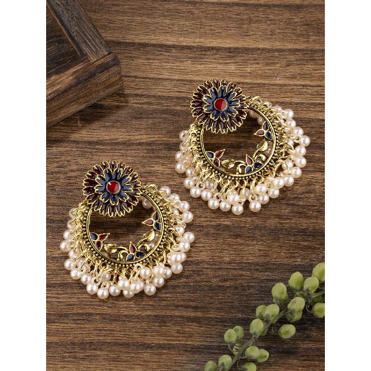 Vintage Painted Flower Pearl Tassel Earrings Fashionable and Unique European and American Style Color-Contrast Bohemian Earrings for Women