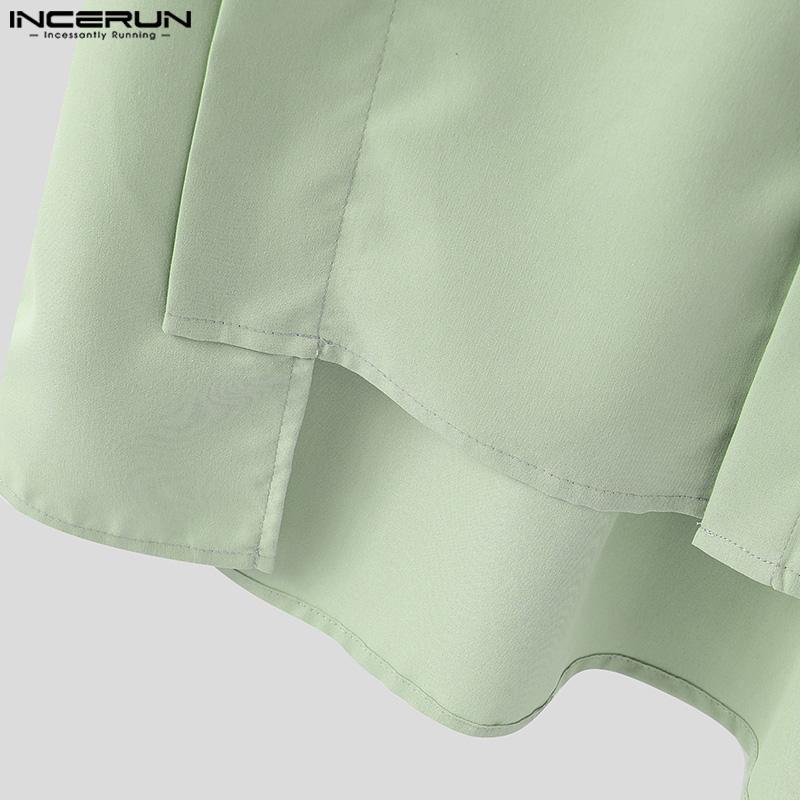INCERUN Summer Men Lapel Tie Up Short Sleeve Buttons High Low Casual Shirts