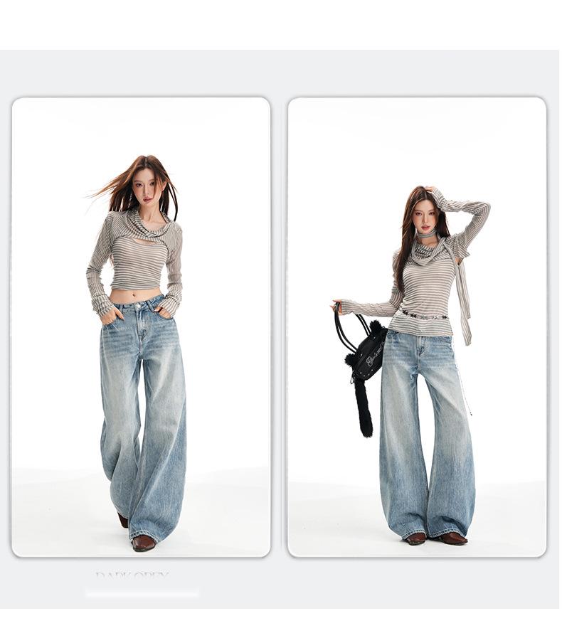 Women's Retro Washed Low Waist Wide Leg Jeans - Autumn Winter Collection