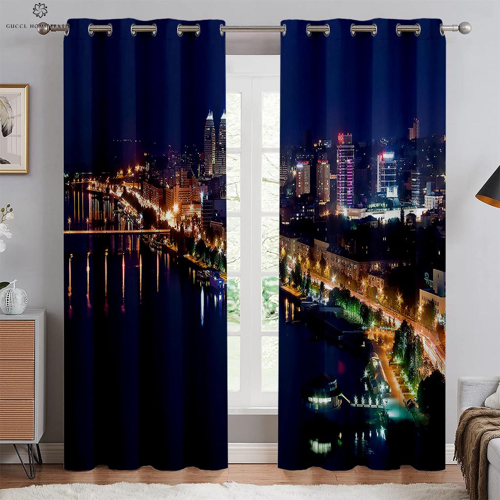 City Building Night View Seaside 3d Printed Curtains Living Room Kitchen Bedroom Decorative Curtains Easy To Wash And Care 2 Pcs