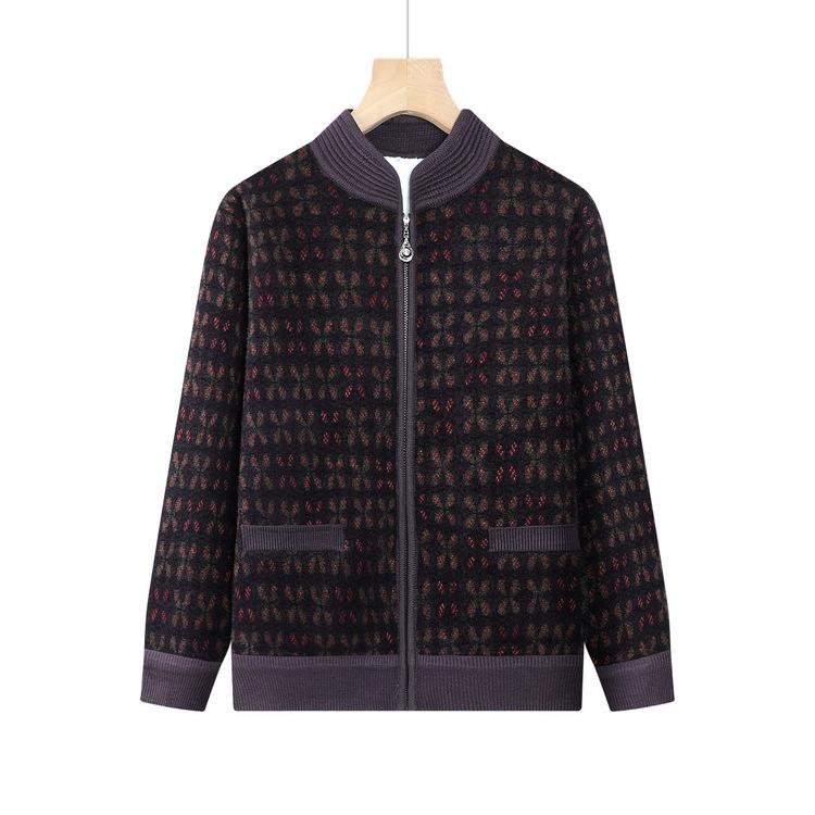 Middle-aged and Elderly Grandmothers, Autumn Knitted Jackets and Velvet Padded Vertical Collar Cardigan Tops, Women's Mother's Clothes.