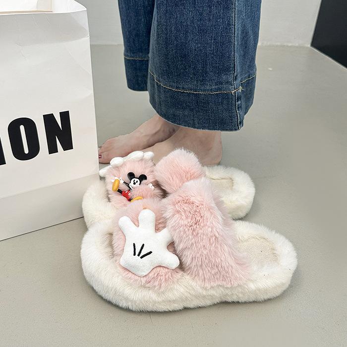 Cute cartoon one-word mop Mao Mao slippers women's outer wear 2025 autumn new thick-bottomed comfortable versatile non-slip cotton mop
