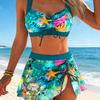 Bikini Three-piece Printed Split Swimsuit Women's Skirt Drawstring Belly Gathering Women's Swimsuit
