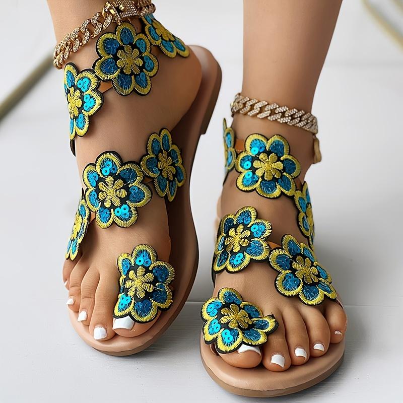 Flower Ladies Sandals Set Toe Rivet Flat Women's Shoes Vacation Plus Size Shoes