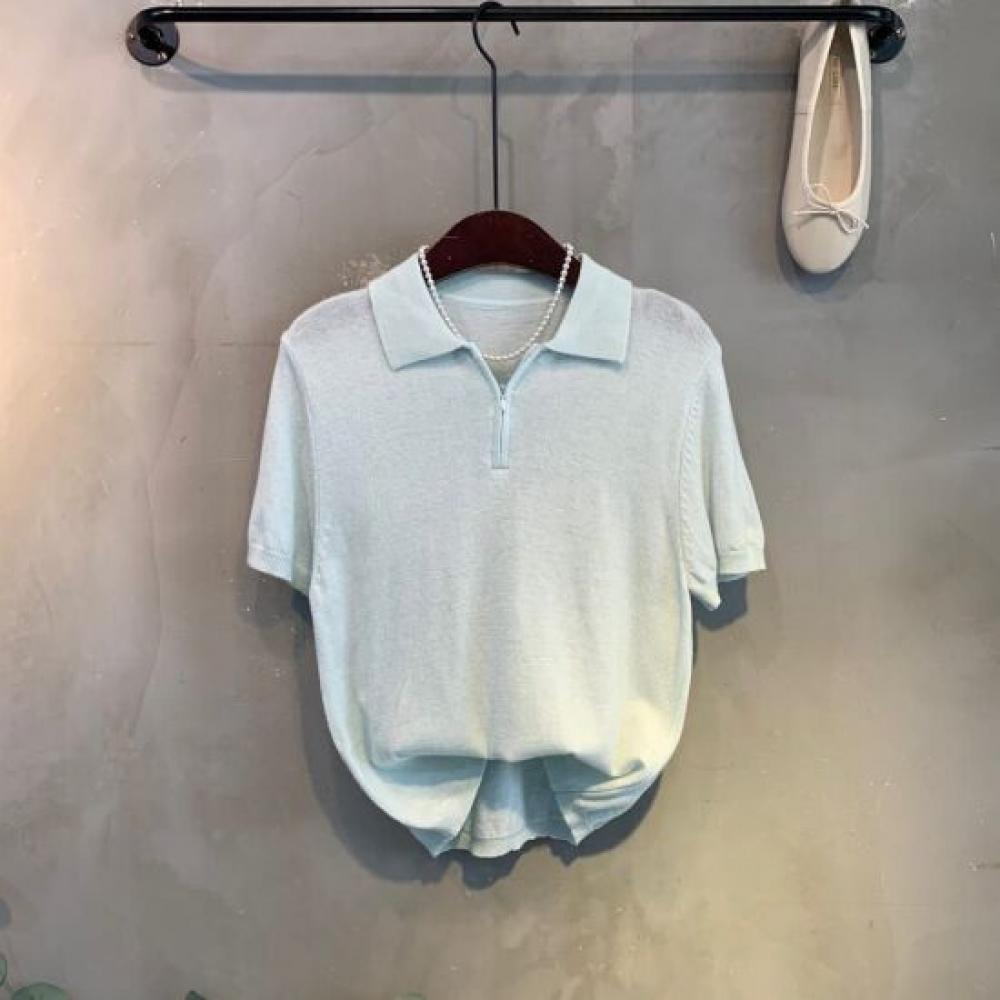 C S In The Room jInbi baSiC Solid Zip Collar neCk Short Sleeve Knit 5Color