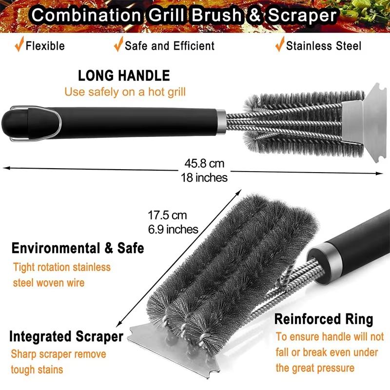 Camping Grill Brush and Scraper Stainless Steel BBQ Cleaning Brush with Deluxe Handl 3 in 1 Bristles Grill Cleaning Brush JT518