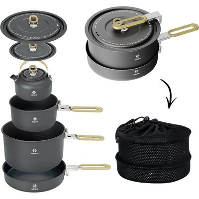 Alocs Camping Cookware Foldable Camping Outdoor Frying Lightweight Aluminum Cookware Set with Storage Suitable for People 4-Piece Set Pot, Kettle,