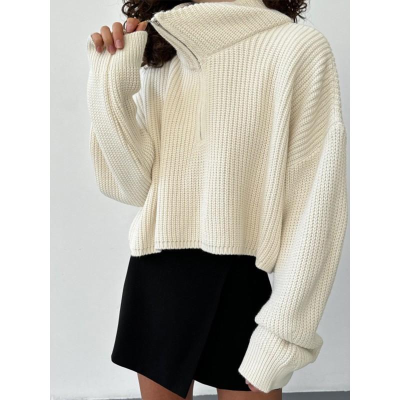 2026 Fall Winter Womens Loose Knit Cardigan Sweater With Zipper Collar Short Length Casual Style