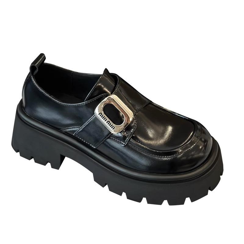 Chaussures simples en cuir à semelles épaisses et talons épais à Velcro pour femmes 2025 nouveau style britannique polyvalent petites chaussures en cuir mocassins rehaussants pour femmes