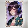Anime Sexy Girl Tin Sign, Young Woman Short Wavy Purple Hair Military Jacket Headphones Vintage Metal Poster for Home Bar Cafe W