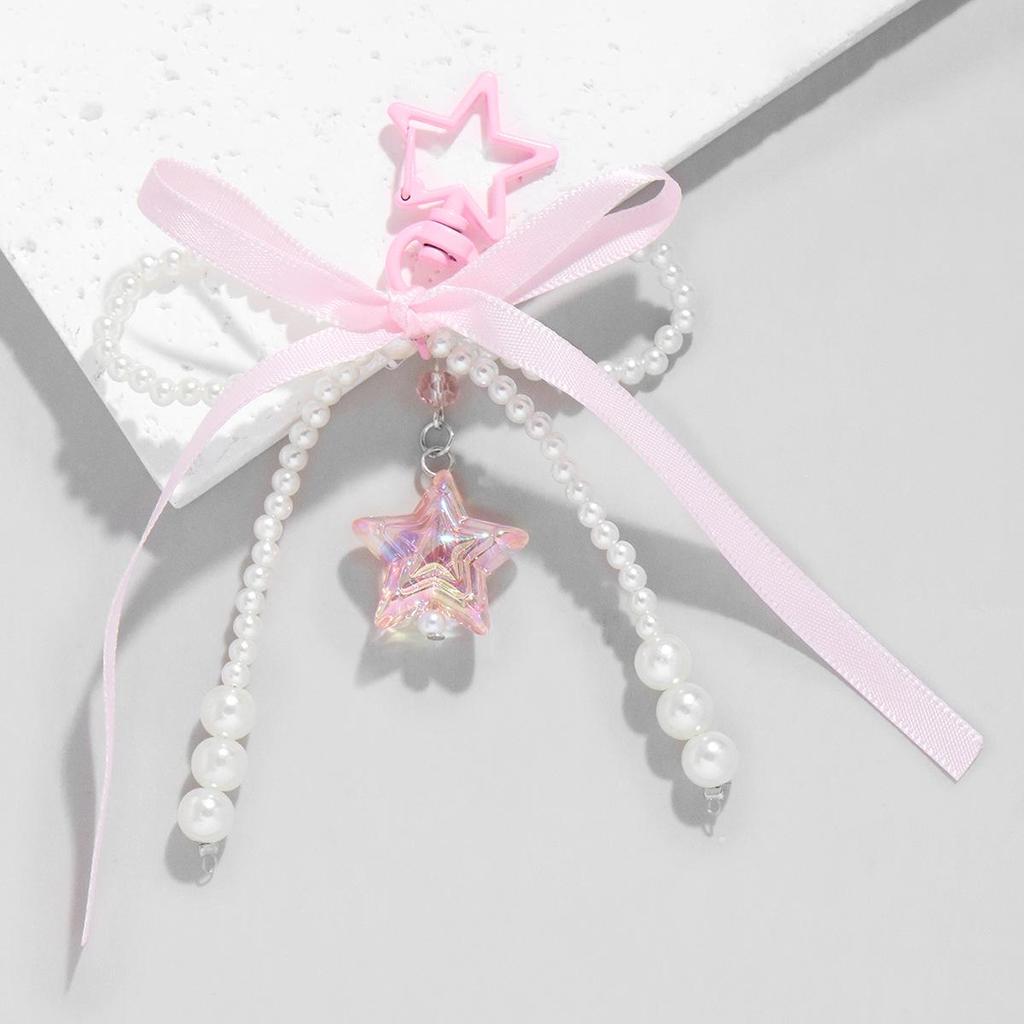 Charming White Pearl Beaded Lace Bow Keychain Bag Charm