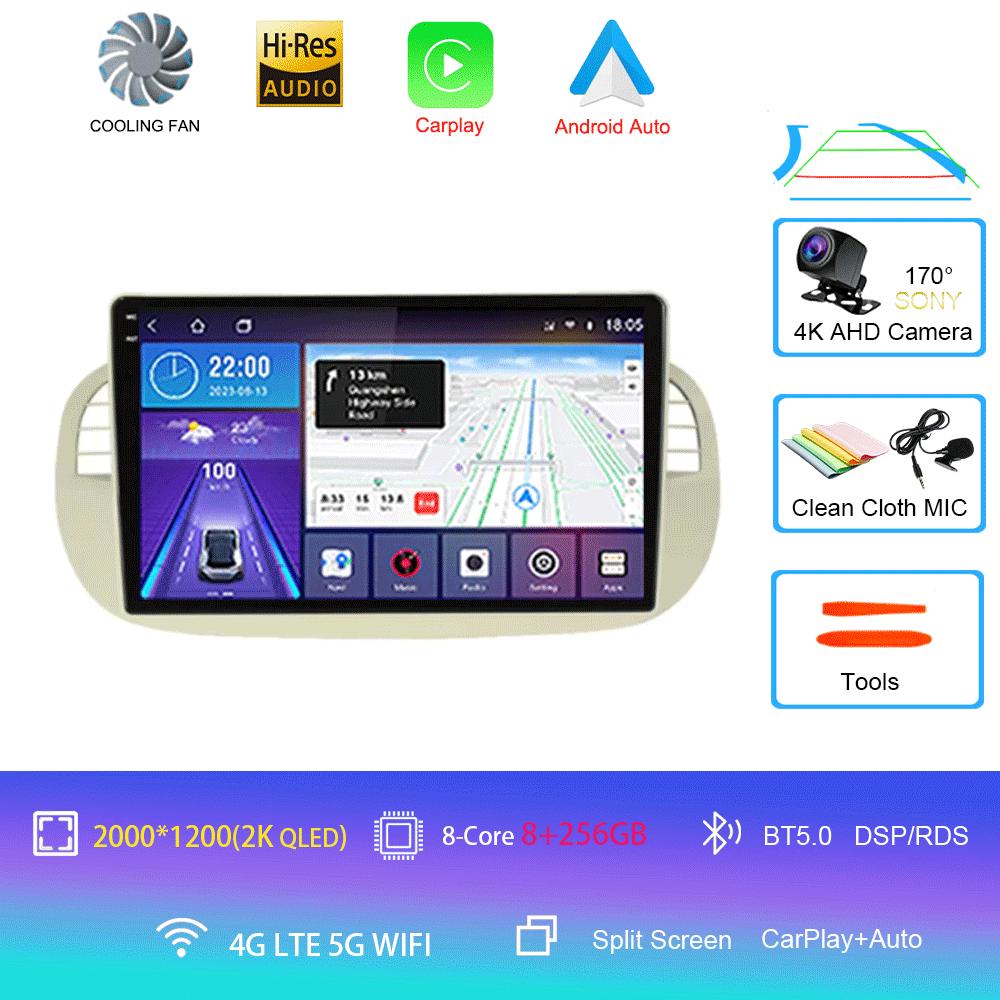 Car Radio Android 14 For Fiat 500 Navigation GPS Multimedia Player Stereo 5GWiF+4G SIM BT Wireless Auto Carplay 360 Camera 2 DIN
