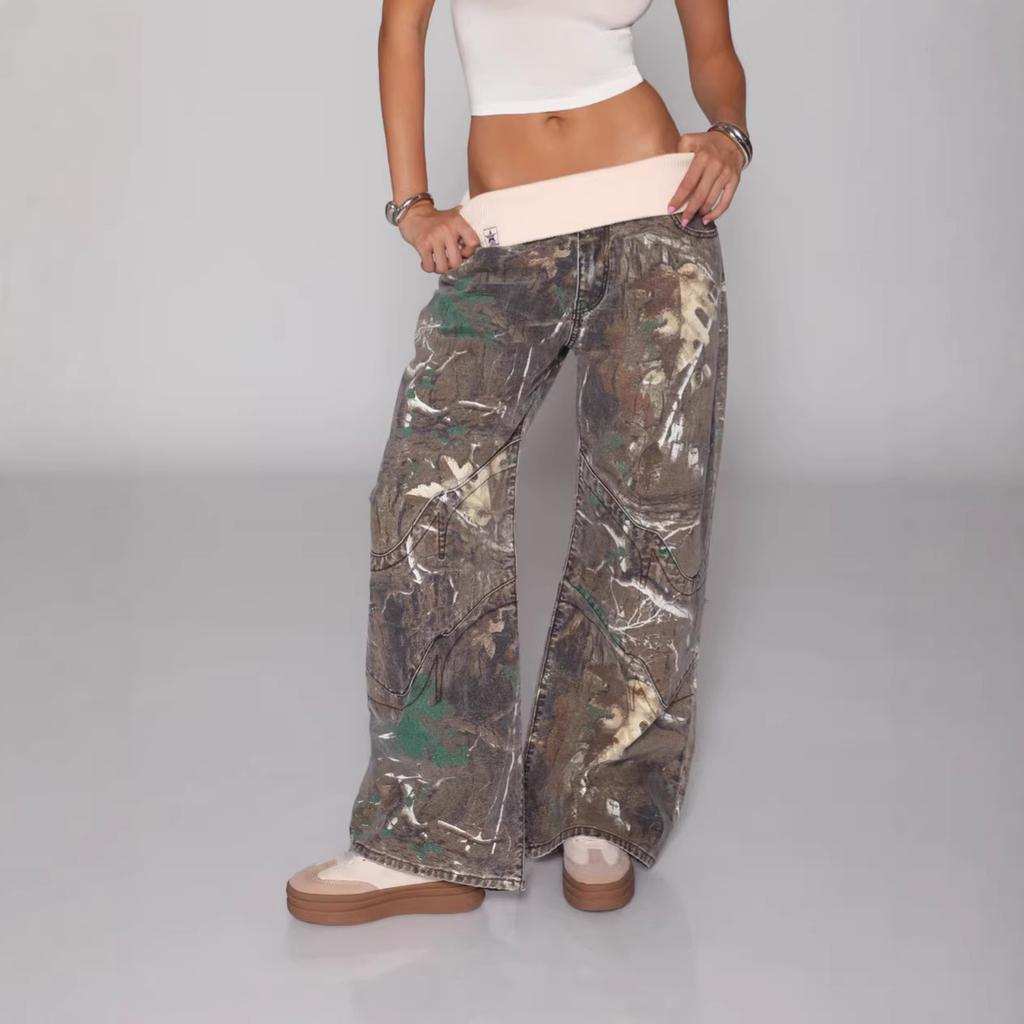 European and American cross-border retro y2k Spice Girls camouflage heavy industry splicing low-rise jeans women's straight-leg waist pants ins foreig