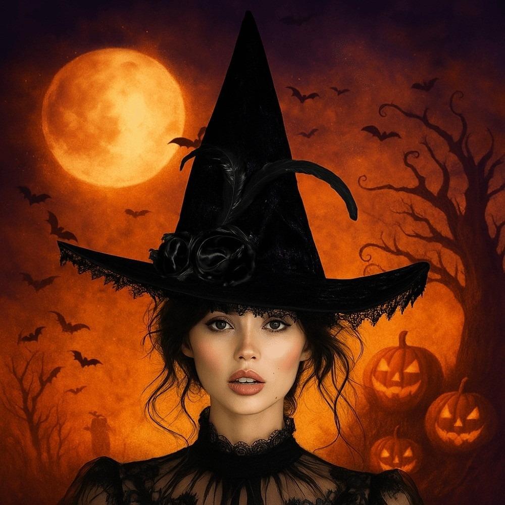 Lace Halloween Witch Hat Foldable Feather Halloween Cap Creative Flower Wizard Cap  Halloween Party