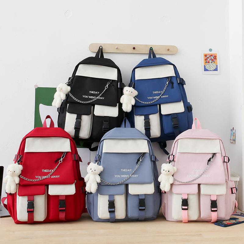 Middle School Backpack Bear Pendant High Capacity Campus Knapsack Contrast Color Men Women's 5 Piece Backpack Shoulder Bag Crossbody Pouch Pencil Case