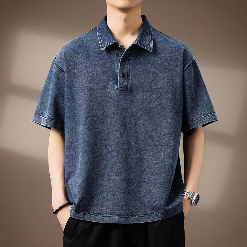 Men s American Style Textured Denim-Look Short Sleeve Polo Shirt XL