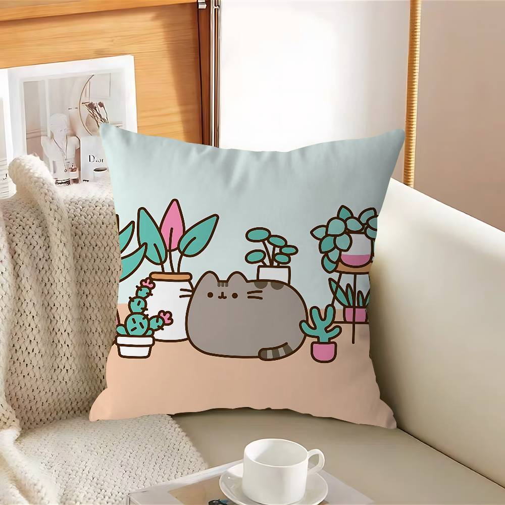 

P-PusheenS Кот Мультяшная Наволочка Съемная Моющаяся Наволочка для Подушки – Всесезонный Мягкий Лен 12x12Inch