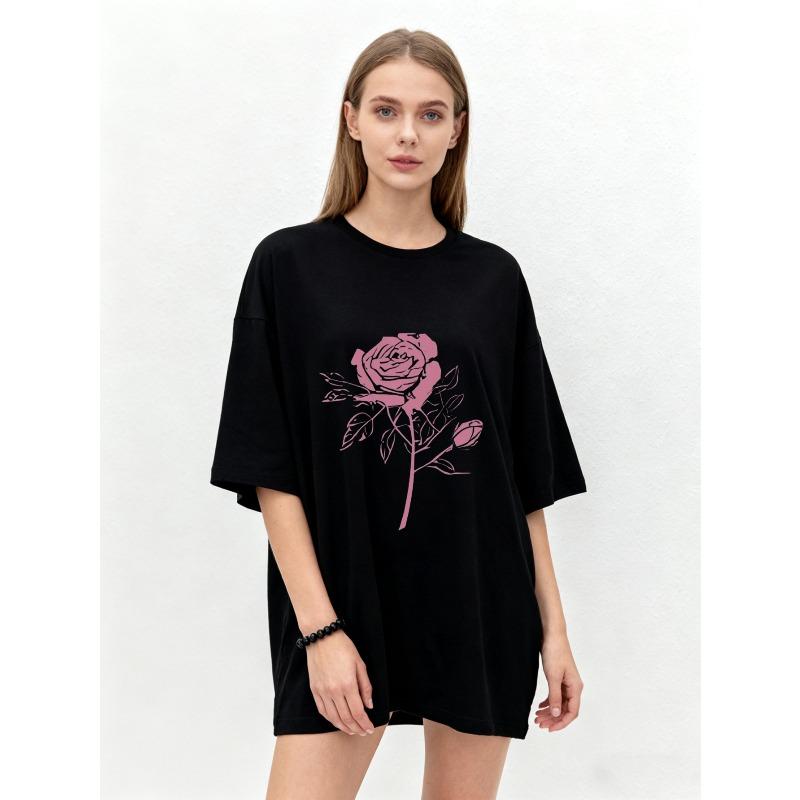 Oversized T Shirt Black Rose Flower Print Casual Loose Fit Top for Women Summer Streetwear Fashion Statement Piece
