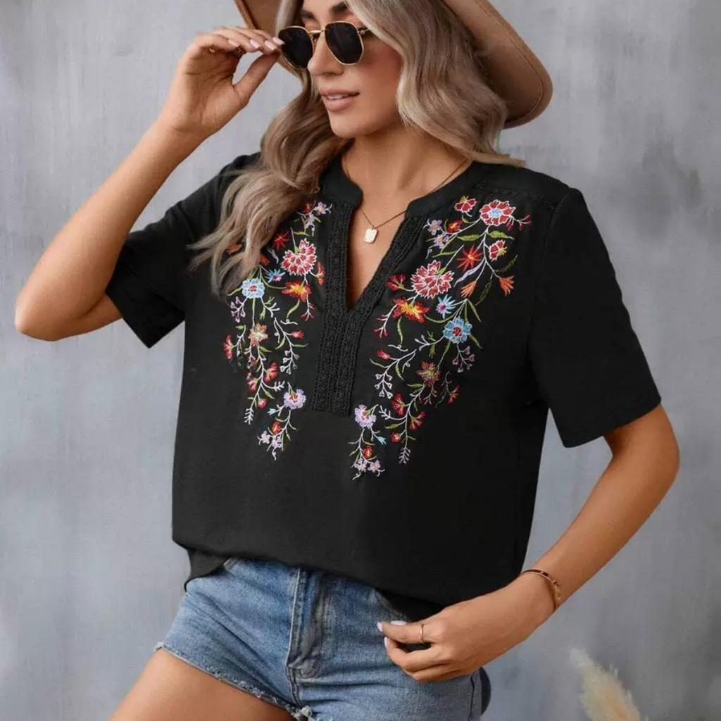 Summer V-neck T-shirt Fashion Embroidery Stitching Lace Blouse Women
