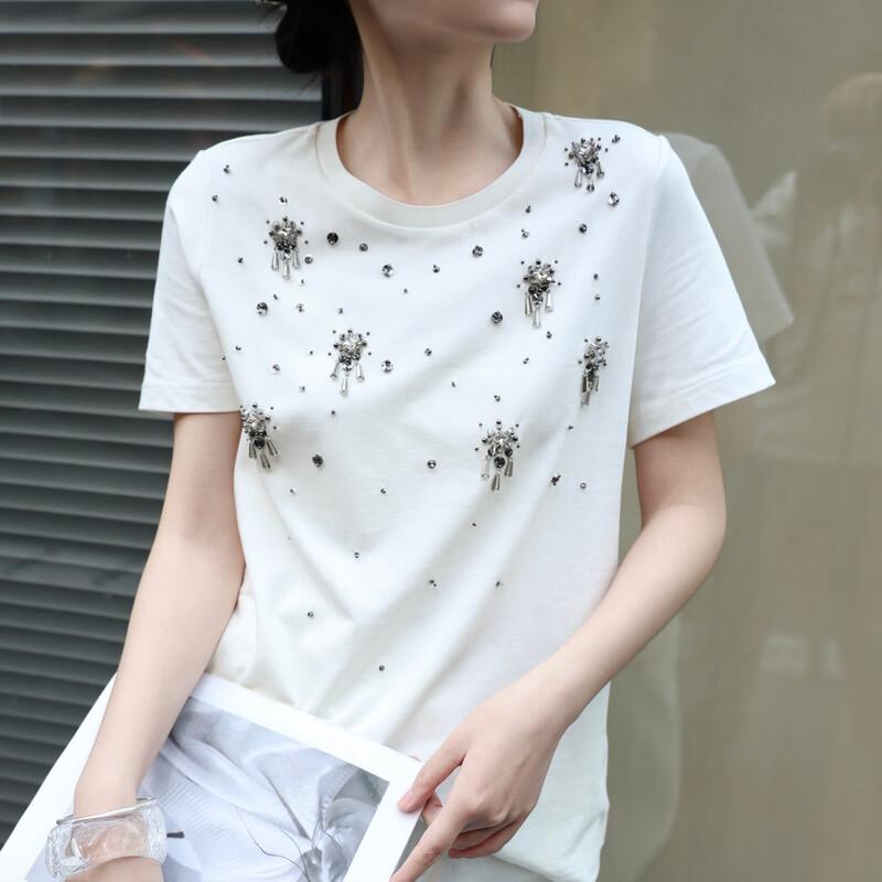 Lanseer 2026 Summer Hand-Beaded Sequin Round Neck T-shirt S