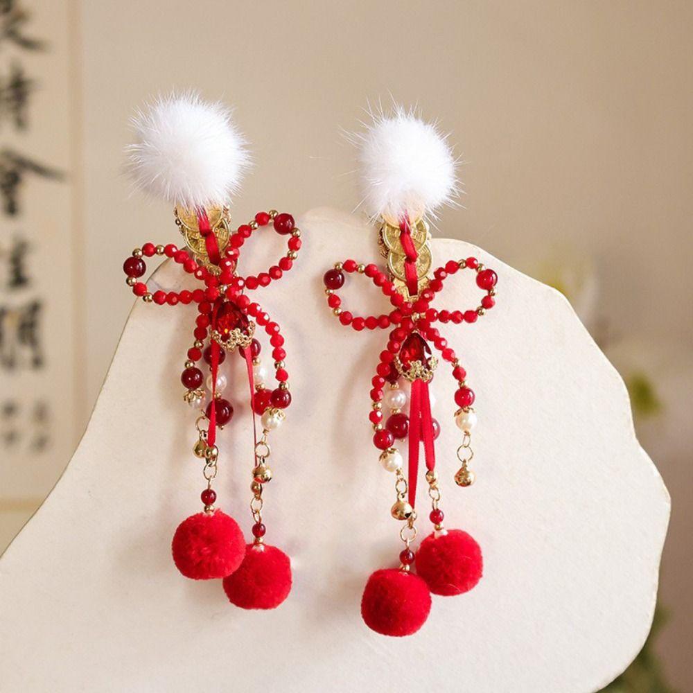 Red Chinese Style Ancient Hairpin Fuzzy Ball Chinese New Year Side Clip Hanfu Hair Clip  Children