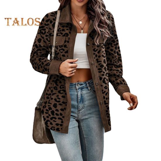 Women Spring Fall Coat Fake Chest Pocket Turn-down Collar Single-breasted Leopard Print Long Sleeves Mid Length Daily Wear Jacket