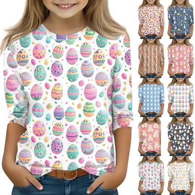Tryckta toppar för unga flickor 5-16 år Rund hals 3/4 ärm T-shirts Trendiga toppar Outfit T-shirts