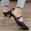 Mode Stickerei Dekor Niedrige Absätze Sandalen Damen Prägnante Schnalle Dünne Absätze Spitz Zehen Pantoletten Übergröße Komfort Mesh Büro Sandalen