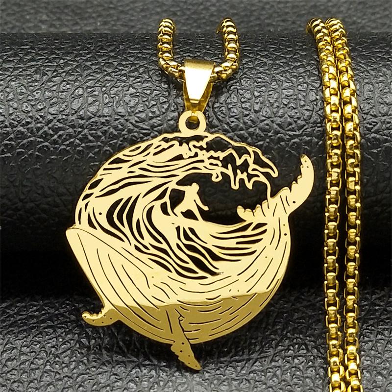 Whale Surf Riding Necklace For Women Men Stainless Steel Gold Color Sports Brave Faith Male Chain Jewelry Gifts Colares