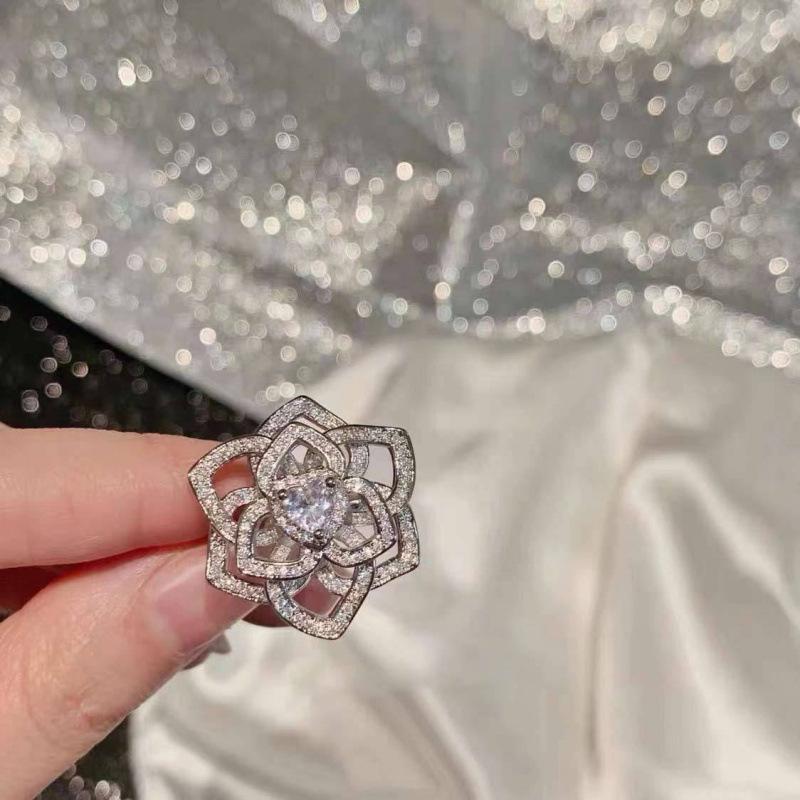 Elegant Adjustable Rose Camellia Ring - High-End Sparkly Jewelry for Women Open Adjustable
