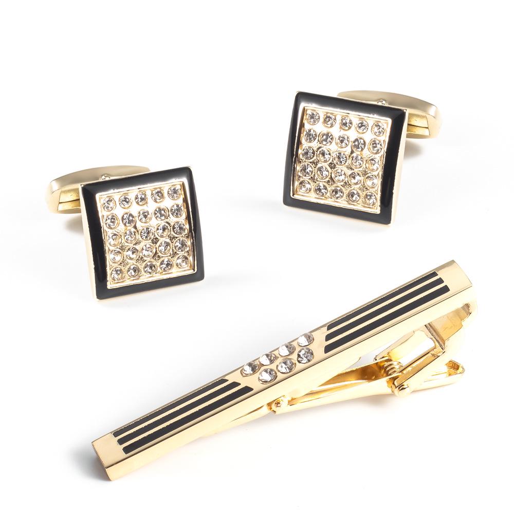 Gold Rhinestone Tie Clip and Cufflink Set - High-End French Metal Alloy Cufflinks and Copper Tie Clip Pure Natural