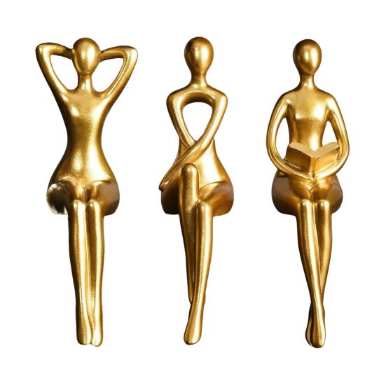 3 Pcs Resin Reading Sculpture, Sitting Thinker Statue, Abstract Women Bookshelf Figurine for Home, Office, Living Room, Shelf, Desktop Decor золотистый