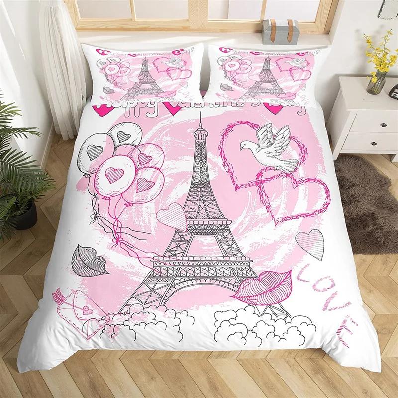 Eiffel Tower Duvet Cover Chic Paris Bedding Set Microfiber Modern French Style Romantic Theme Comforter Cover With Pillowcase