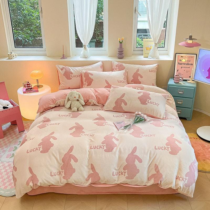 Winter Thick Warm Milk Coral Fleece Bedding Set Ins Fresh Duvet Cover Single